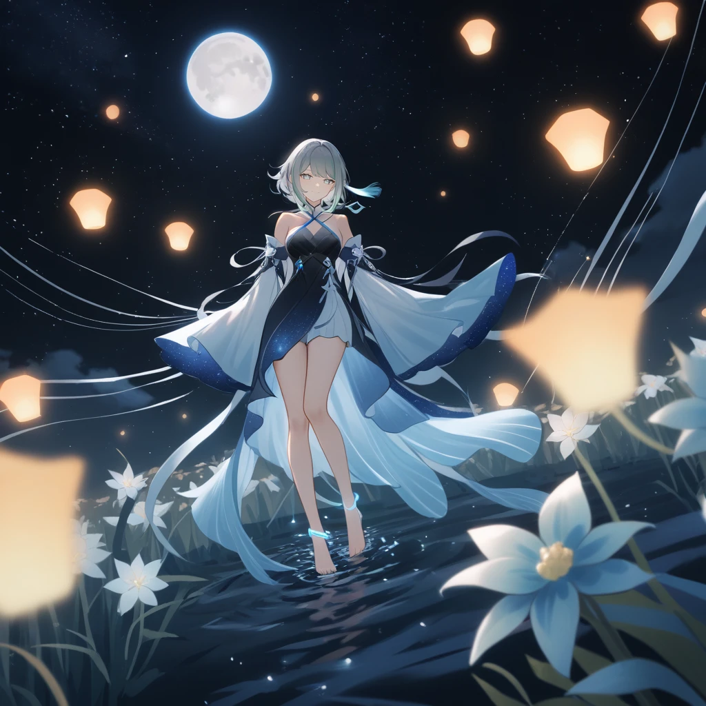 1girl, guizhong_\(genshin_impact\),light grey hair,short_hair_with_long_locks,starry_sky_print,detached_sleeves, long sleeves_past_fingers,hanfu,illustrated by matsuryuu and agahari and dsmile,pale blue eyes,stunning field of softly glowing blue and white glaze lilies,night scene,gentle smile,moonlight,glossy lips,vivid anime coloring,cel shading,smooth, soft dreamy focus,anklet,halter_top,white clothes,highly detailed,digital painting,field of flowers,bare_shoulders,wlop,barefoot,cool night tones, magical night scene,masterpiece, best quality, film, professional, 4k, highly detailed,Guardian nebula of rainbow light and silvery vapor,starry,cosmic,goddess,rich color,hdr,silver moon,

A woman shrouded in mystery, Stand gracefully on the endless shore, Surrounded by shimmering stardust, The harmony crystal she held in her hand emitted a soft glow, Creates a faint glow in the haze. Her face, Full of expression and depth

Her eyes Reflecting an awareness of suffering and an indomitable desire to restore light to a forgotten world. 

She wore a dress woven from luminous fabric, It was as if the light itself had become intertwined in her existence. The dress is elegant and flowy, Creates gentle movements in the night breeze. Its color palette reflects the spectrum, From ocean blue to crystal white.

Her posture, Both upright and elegant, Convey courage and determination in the face of darkness. Her hand gripped the Harmony Crystal tightly, As if she were the last guardian of hope in the silent world. 

The dark night sky is dotted with sparkles. The vast sea stretched out in front