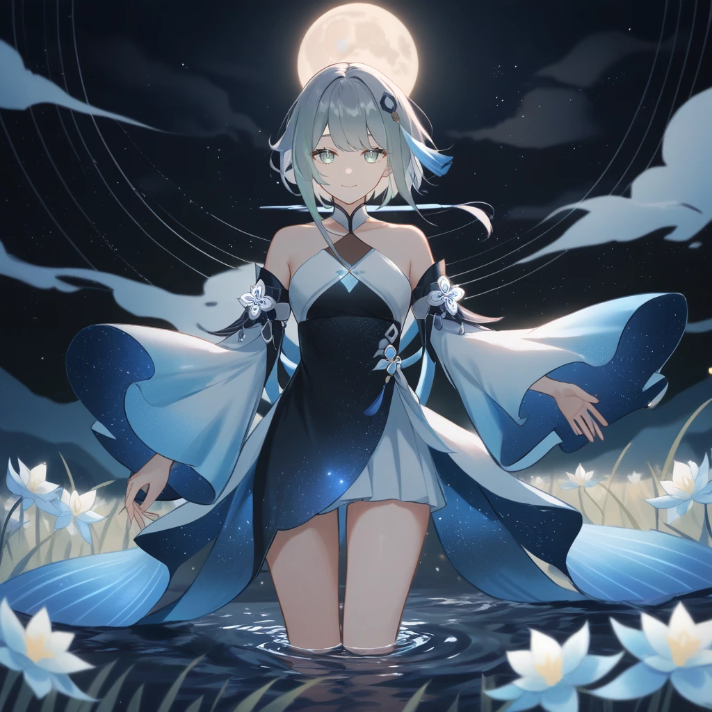 1girl, guizhong_\(genshin_impact\),light grey hair,short_hair_with_long_locks,starry_sky_print,detached_sleeves, long sleeves_past_fingers,hanfu,illustrated by matsuryuu and agahari and dsmile,pale blue eyes,stunning field of softly glowing blue and white glaze lilies,night scene,gentle smile,moonlight,glossy lips,vivid anime coloring,cel shading,smooth, soft dreamy focus,anklet,halter_top,white clothes,highly detailed,digital painting,field of flowers,bare_shoulders,wlop,barefoot,cool night tones, magical night scene,masterpiece, best quality, film, professional, 4k, highly detailed,Guardian nebula of rainbow light and silvery vapor,starry,cosmic,goddess,rich color,hdr,silver moon,

A woman shrouded in mystery, Stand gracefully on the endless shore, Surrounded by shimmering stardust, The harmony crystal she held in her hand emitted a soft glow, Creates a faint glow in the haze. Her face, Full of expression and depth

Her eyes Reflecting an awareness of suffering and an indomitable desire to restore light to a forgotten world. 

She wore a dress woven from luminous fabric, It was as if the light itself had become intertwined in her existence. The dress is elegant and flowy, Creates gentle movements in the night breeze. Its color palette reflects the spectrum, From ocean blue to crystal white.

Her posture, Both upright and elegant, Convey courage and determination in the face of darkness. Her hand gripped the Harmony Crystal tightly, As if she were the last guardian of hope in the silent world. 

The dark night sky is dotted with sparkles. The vast sea stretched out in front