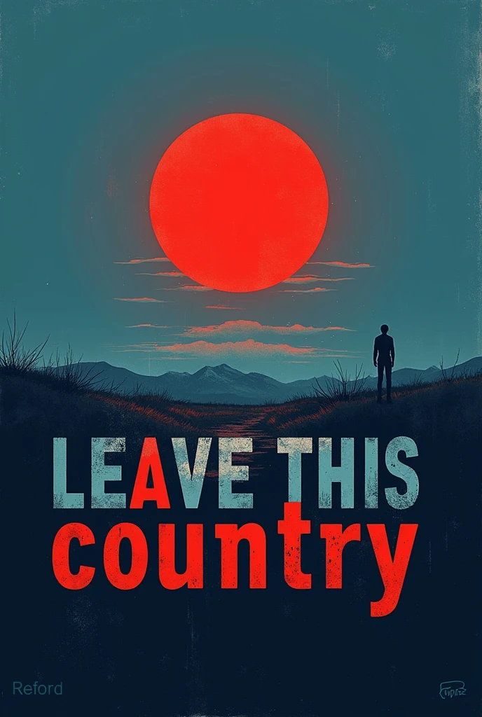 Make a poster, where there is a red sun in a blue sky, on one side it is written “my biggest dream is to leave this country” and the text leave is cut in red and just above it is written Reform.