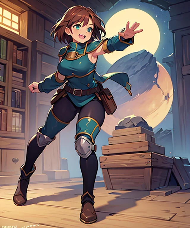 masterpiece, superlative, solo, female, adventurer rogue, 5'3", 135 pounds, green eyes, 19-years-old, medium-long auburn hair, Caucasian skin, a midnight blue hoodie that cover the entire chest and arms, (shoulder pads, knee pads, elbow pads, and a breastplate, all painted silver), (skin tight long black tights), knee high brown leather boots, smiling and laughing, full body, skinny and fast build, b-cup breasts, clothing that fully cover body, in a fantasy tavern