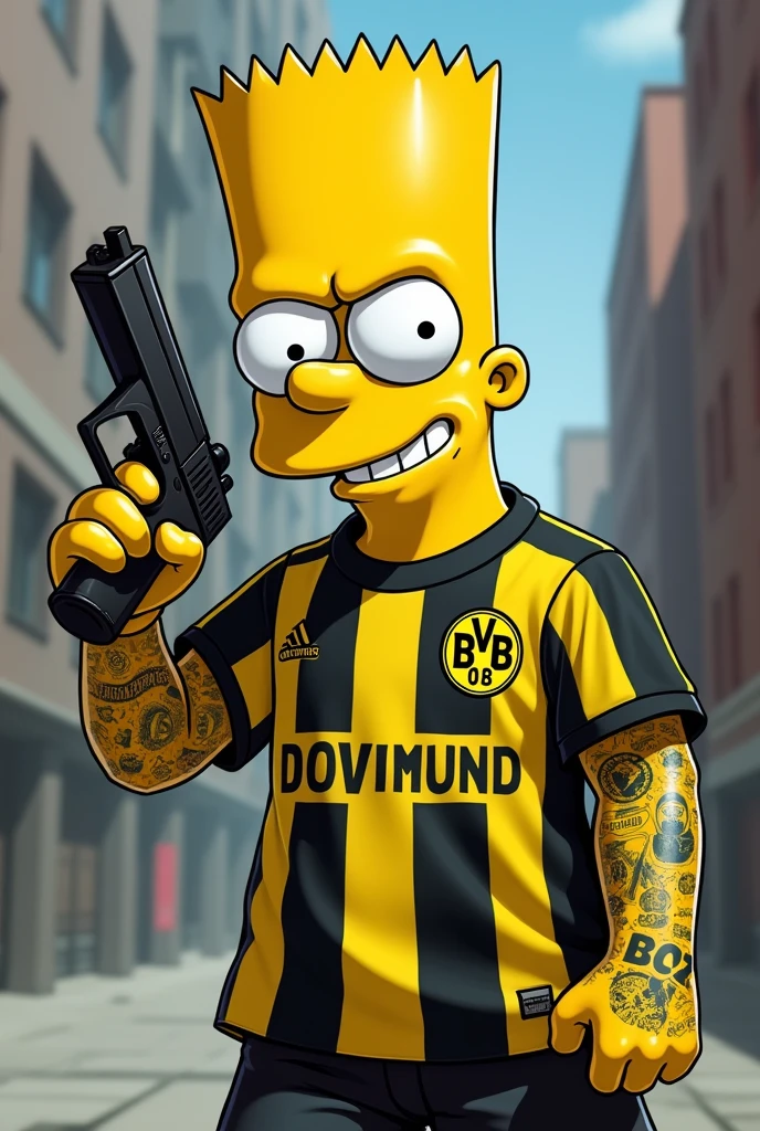 Generate an image of Bart Simpson wearing a Borussia Dortmund shirt holding a gun and pointing it forward and having tattoos 