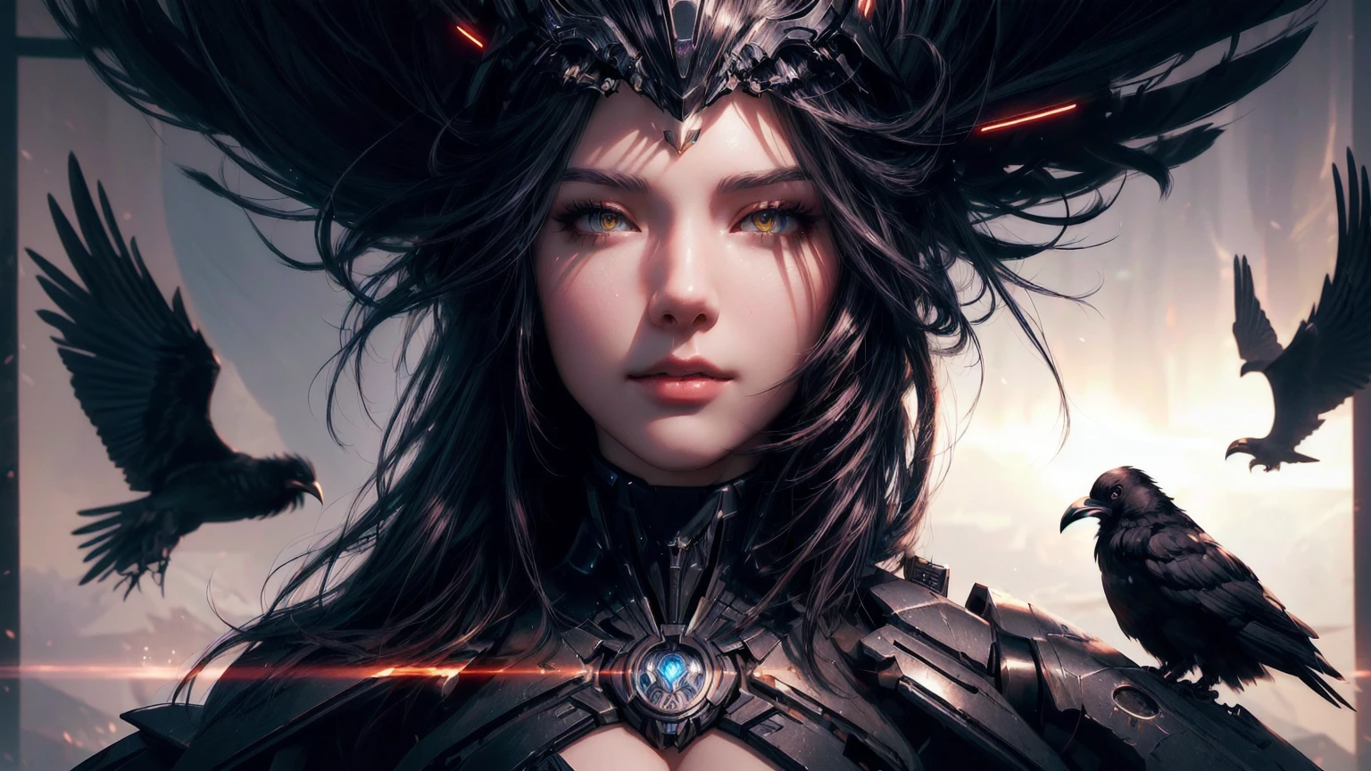 mecha raven style hairs, steel mechanical raven head with hairs, sci-fi, a close up of a sexy woman - sci-FI  with a sci fiorer on her face, Mechanical raven IN HAIRS, glowing light feathers in hairs, fiol glowing eyes, hd , cinematic, cinematic light, dinamic, rossdraws portrait, fantasy concept art portrait, wojtek fus, rossdraws 2. 0, rossdraws 1. 0, rossdraws digital painting, epic fantasy digital art style, cgsociety portrait, rossdraws global illumination, :: rossdraws, alexandra fomina artstation