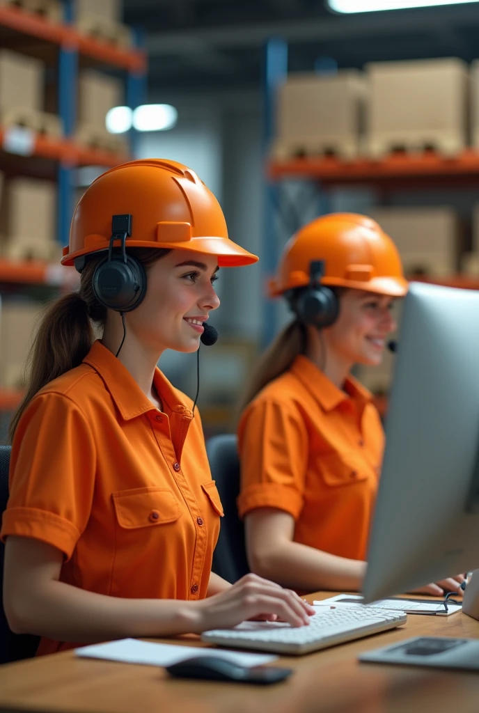 (photorealism:1.2), A boy (man) and a girl (women), both 27 years old, customer service, with headset microphone, answering the phone, orange uniform, in the background there is a warehouse of a house of materials