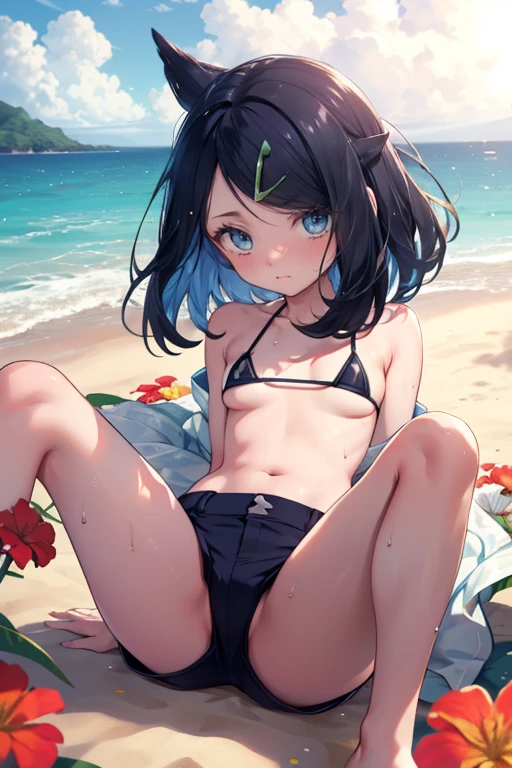 (nsfw),lure, ((Have a Poké Ball)),  (((Light blue micro bikini bra, nipslip, Underboob, Spread your legs, pussy))), Detailed depiction of nipples,  , cute, Sweat, (masterpiece, Highest quality, 8K ultra-high resolution:1.4), Pokemon Riko, (tropical, Beachside, Flowers: 1.4), Written boundary depth, Focus of the film, From a dramatic angle, Emotional composition, Emotional engine full throttle BREAK Young and cute, Slender body, Flat Chest, Provocative, ((Embarrassed face)), Expressions of affection, Highly detailed glossy skin,Sweat,  topless, Exposed breasts, Shorts, Wet and shiny thighs, 完璧なPokemon Rikoトップブレイク
, Wind, detailed in the Wind, petals dancing in the Wind
BREAK
ultra detailed crystal eyes, Eyes like shining jewels