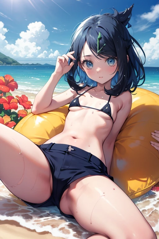 (nsfw),lure, ((Have a Poké Ball)),  (((Light blue micro bikini bra, nipslip, Underboob, Spread your legs, pussy))), Detailed depiction of nipples,  , cute, Sweat, (masterpiece, Highest quality, 8K ultra-high resolution:1.4), Pokemon Riko, (tropical, Beachside, Flowers: 1.4), Written boundary depth, Focus of the film, From a dramatic angle, Emotional composition, Emotional engine full throttle BREAK Young and cute, Slender body, Flat Chest, Provocative, ((Embarrassed face)), Expressions of affection, Highly detailed glossy skin,Sweat,  topless, Exposed breasts, Shorts, Wet and shiny thighs, 完璧なPokemon Rikoトップブレイク
, Wind, detailed in the Wind, petals dancing in the Wind
BREAK
ultra detailed crystal eyes, Eyes like shining jewels