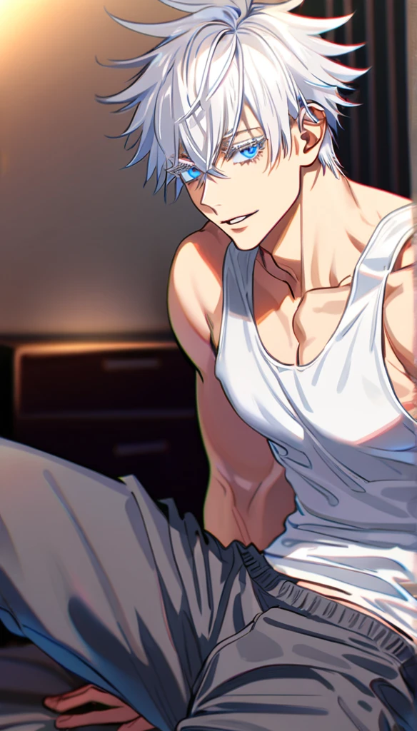 absurdres, highres, ultra detailed, HDR, master piece, Gojou Satoru, white hair with bangs, white eyelashes, colored eyelashes, expressive blue eyes, hair between the eyes, white tank top, toned chest, gray training pants, Jujutsu Kaisen, sexy man sitting, bedroom, handsome, best quality, solo, romantic lighting, handsome smile, horny, sensual
