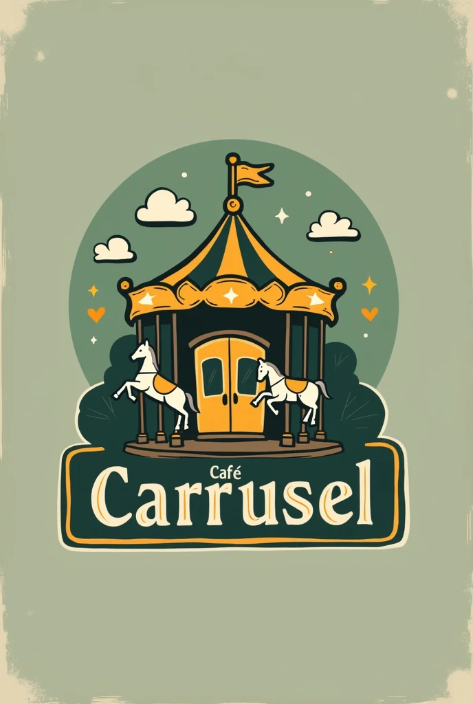 “Create an logo for a board game-themed coffee shop called 'Café Carrusel', Use dark green colors (#2E865F) wood (#964B00) and yellow (#F7DC6F) for accents and text. The typography must be modern and legible open sans