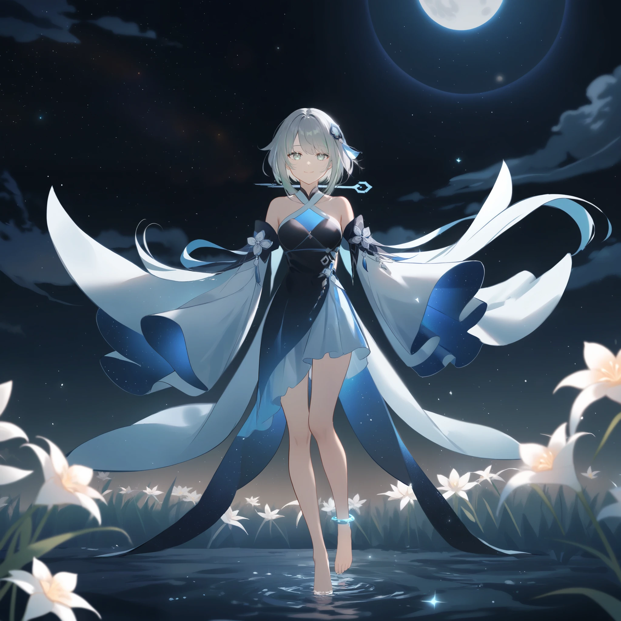 1girl, guizhong_\(genshin_impact\),light grey hair,short_hair_with_long_locks,starry_sky_print,detached_sleeves, long sleeves_past_fingers,hanfu,illustrated by matsuryuu and agahari and dsmile,pale blue eyes,stunning field of softly glowing blue and white glaze lilies,night scene,gentle smile,moonlight,glossy lips,vivid anime coloring,cel shading,smooth, soft dreamy focus,anklet,halter_top,white clothes,highly detailed,digital painting,field of flowers,bare_shoulders,wlop,barefoot,cool night tones, magical night scene,masterpiece, best quality, film, professional, 4k, highly detailed,Guardian nebula of rainbow light and silvery vapor,starry,cosmic,goddess,rich color,hdr,silver moon,

A woman shrouded in mystery, Stand gracefully on the endless shore, Surrounded by shimmering stardust, The harmony crystal she held in her hand emitted a soft glow, Creates a faint glow in the haze. Her face, Full of expression and depth, It was as if a silhouette emerged from the center of darkness.

Her eyes Reflecting an awareness of suffering and an indomitable desire to restore light to a forgotten world. 

She wore a dress woven from luminous fabric, It was as if the light itself had become intertwined in her existence. The dress is elegant and flowy, Creates gentle movements in the night breeze. Its color palette reflects the spectrum, From ocean blue to crystal white.

Her posture, Both upright and elegant, Convey courage and determination in the face of darkness. Her hand gripped the Harmony Crystal tightly, As if she were the last guardian of hope in the silent world. 

The dark night sky is dotted with sparkles. The vast sea stretched out in front