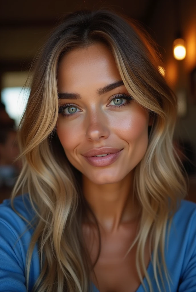 make up:1.5. taking a Selfie. Ultra-realistic Italian girl, 24 years old, stunningly beautiful, influencer. Snub nose. Full lips. Face with gentle features. Fair skin. Glass Skin. Square Face. Detailed Face. Detailes Texture. Thick eyebrows. Dark realistic Eyes. Blond long Hair. Evening light. ((evening)) She's wearing a blue top. in the dining room. Medium Breast.