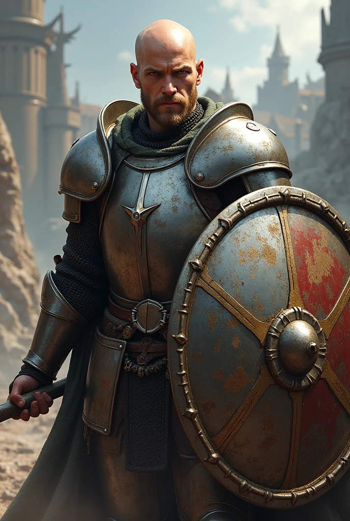 Male knight, medieval, british armor, big shield and lance, blue eyes, bald, blonde short beard, young, realistic art, video game style, rpg style