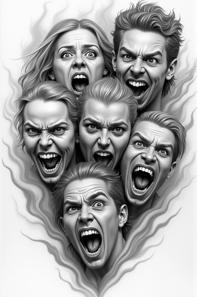 A pencil drawing of many faces with expressions of fiery emotions