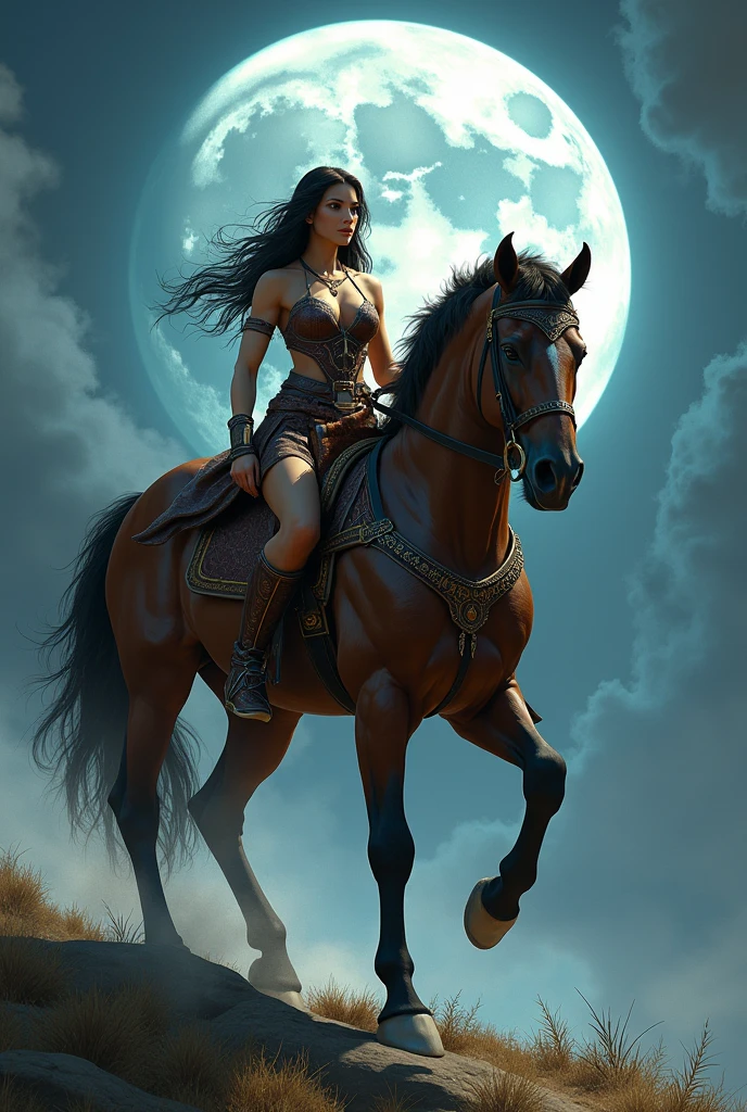 arafed woman riding a horse with a full moon in the background, an illustration of inspired by Greg Hildebrandt, trending on Artstation, fantasy art, muscular! fantasy, muscular warrior women, karol bak uhd, he-man rides the battle cat, muscular ultraviolent woman, human torso on a horse body, dorian cleavenger, muscular girl