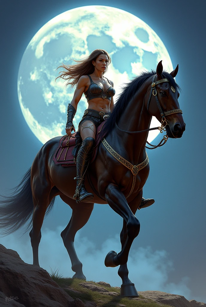 arafed woman riding a horse with a full moon in the background, an illustration of inspired by Greg Hildebrandt, trending on Artstation, fantasy art, muscular! fantasy, muscular warrior women, karol bak uhd, he-man rides the battle cat, muscular ultraviolent woman, human torso on a horse body, dorian cleavenger, muscular girl