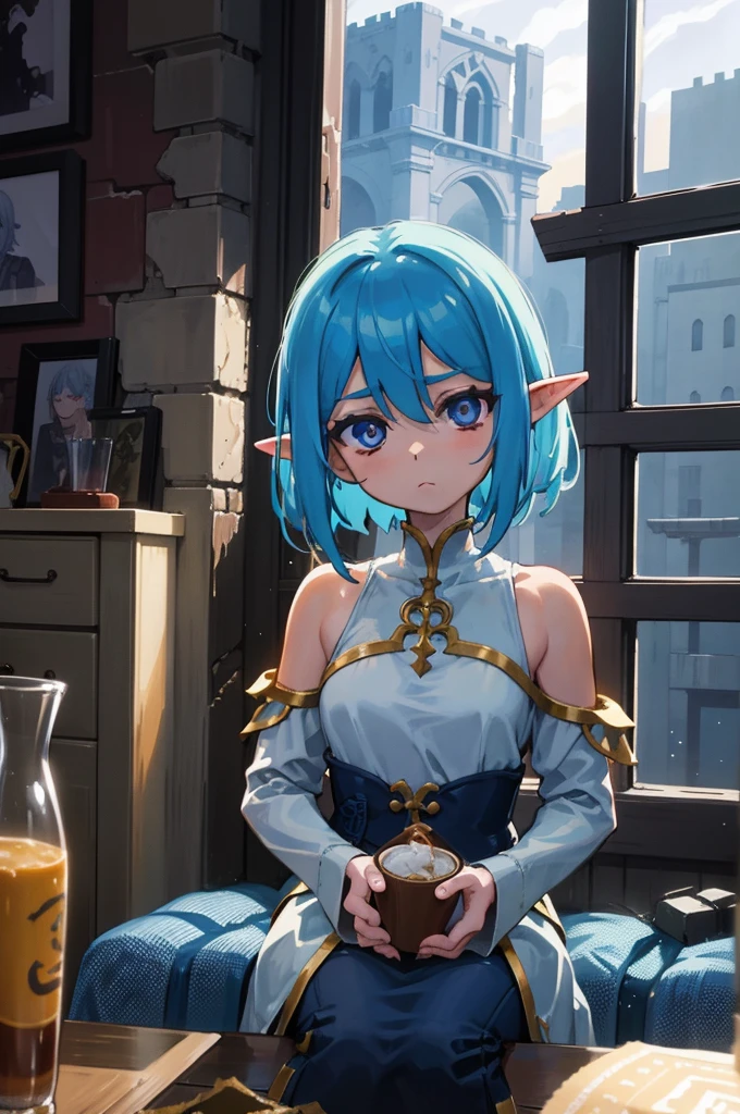 Create an anime and light novel style image of a grand, dilapidated castle room with a worn wooden table in the center. Seated at the table are Aslan, a young male elf with white hair partially covering her eyes and a {slender physique}, and Elizabeth, a tall and {strong half-elf girl} with vibrant blue hair. They are sharing a simple, improvised cake, adding a touch of warmth to the scene. The room, though in ruins, exudes a serene and melancholic atmosphere. Broken windows allow a gentle breeze to flow through, with soft light filtering in, casting a subtle glow that creates a fleeting moment of peace and hope amidst the ruins. Both characters should be dressed in fantasy era attire that complements their features and adds to the overall magical ambiance., 