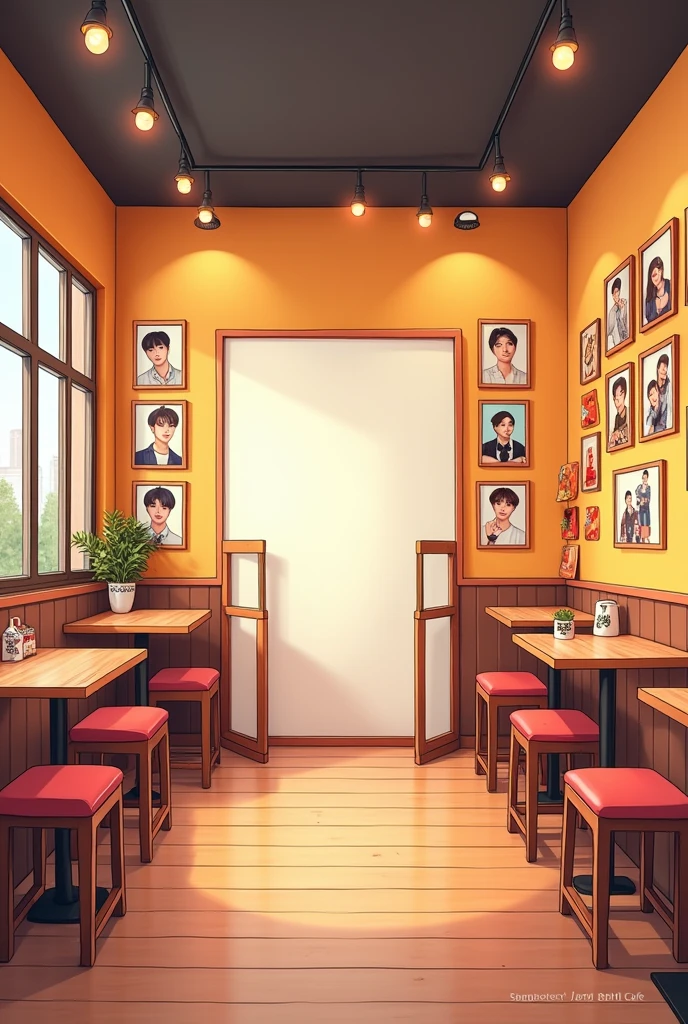 Create an illustration of a kpop cafe, que tenga cuadros de foto de jungkook y sticker coreanos Beautifuls pequeños pero únicos. I want the cafeteria to be not too big or too small, that has a very striking stand to take photos, that it is cozy, Beautiful