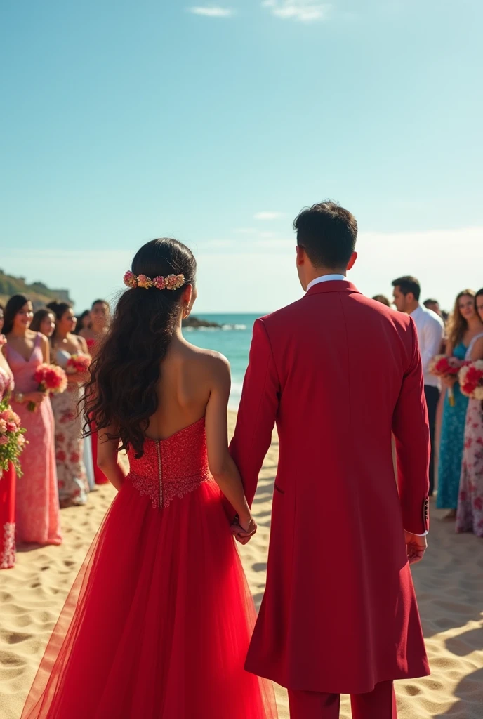 Africa getting married in a red dress on a beach in Cadiz with all her friends behind her, The priest is black and the groom is Korean, Africa is not Korean, She is Spanish
