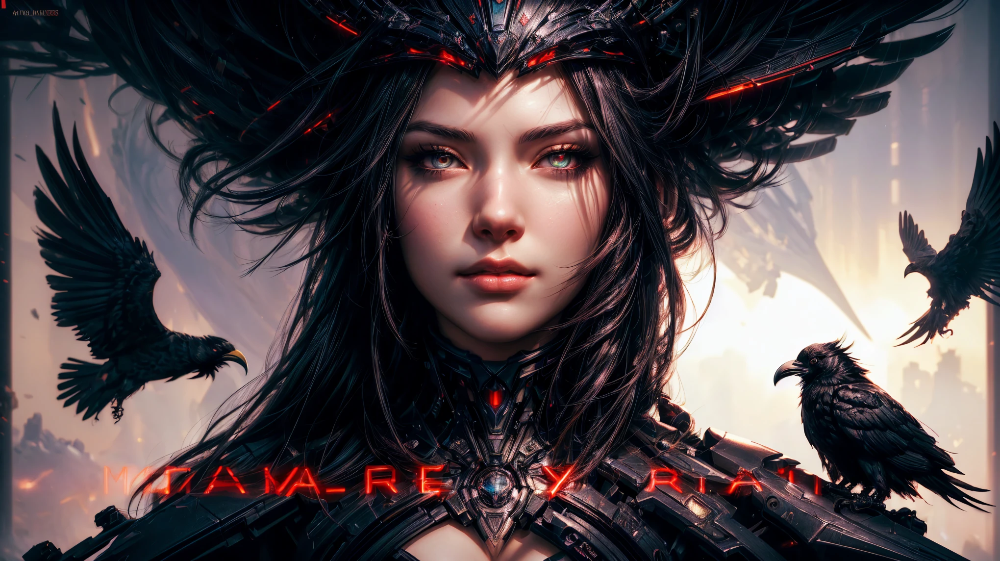 mecha raven style hairs, steel mechanical raven head with hairs, sci-fi, a close up of a sexy woman - sci-FI with a sci fiorer on her face, Mechanical raven IN HAIRS, glowing light feathers in hairs, fiol glowing eyes, hd , cinematic, cinematic light, dinamic, rossdraws portrait, fantasy concept art portrait, wojtek fus, rossdraws 2. 0, rossdraws 1. 0, rossdraws digital painting, epic fantasy digital art style, cgsociety portrait, rossdraws global illumination, :: rossdraws, alexandra fomina artstation