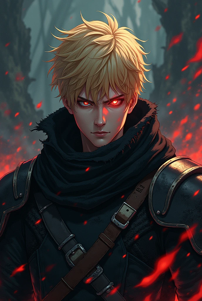 Goldhaariger Mann, short hairs, torn, black armor, red eye, Anime Style