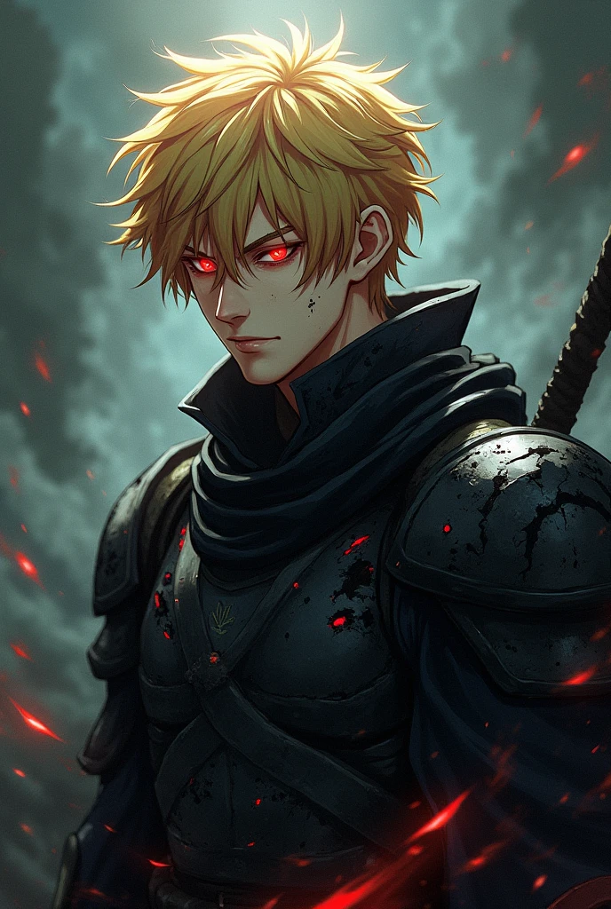 Goldhaariger Mann, short hairs, torn, black armor, red eye, Anime Style