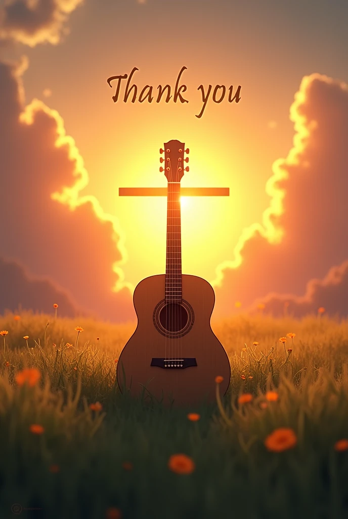 A guitar in the middle of a field with clouds and in the background a sunset and between the sunset a cross and around the guitar the word thank you for the cross 