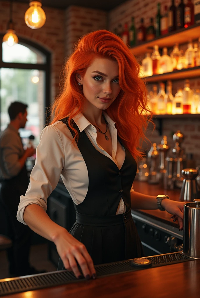 an orange-haired girl bartender