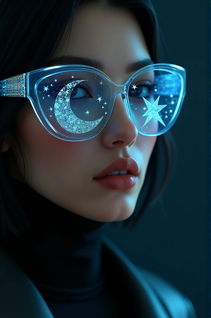 The model is wearing glass sunglasses with stars and the moon on the glass