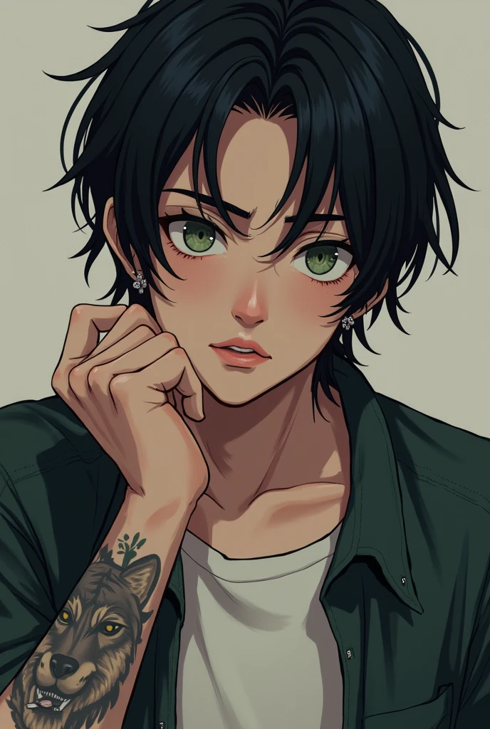 Black haired man with green eyes, eyebrow piercing, tattoo on the left hand of a wolf,
getting 20 on a test