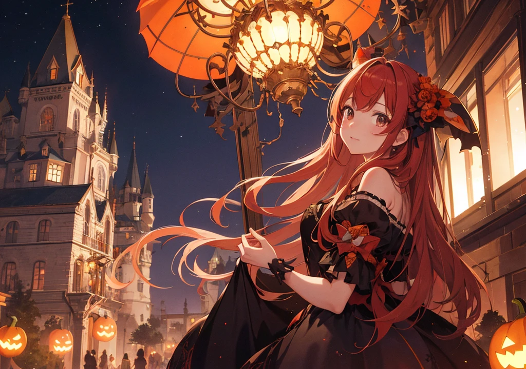 Realistic photos, Focus distance 10mm, Red and white, Beautiful girl, Realistic photos, Shooting at focus distance 10mm, masterpiece, 最high quality, high quality, Very detailed CG 8k wallpaper unit, Award-winning photography, Depth of written boundary, High resolution, bloom, chromatic aberration, Realistic, Very detailed, Art Station Trends, CGsociety Trends, Complex, High detail, dramatic, Art on the go, volumetric lighting, A red-headed Disney princess-style girl looks up at a spooky night sky from the balcony of a castle surrounded by pumpkin lanterns. In the background is a garden decorated for Halloween