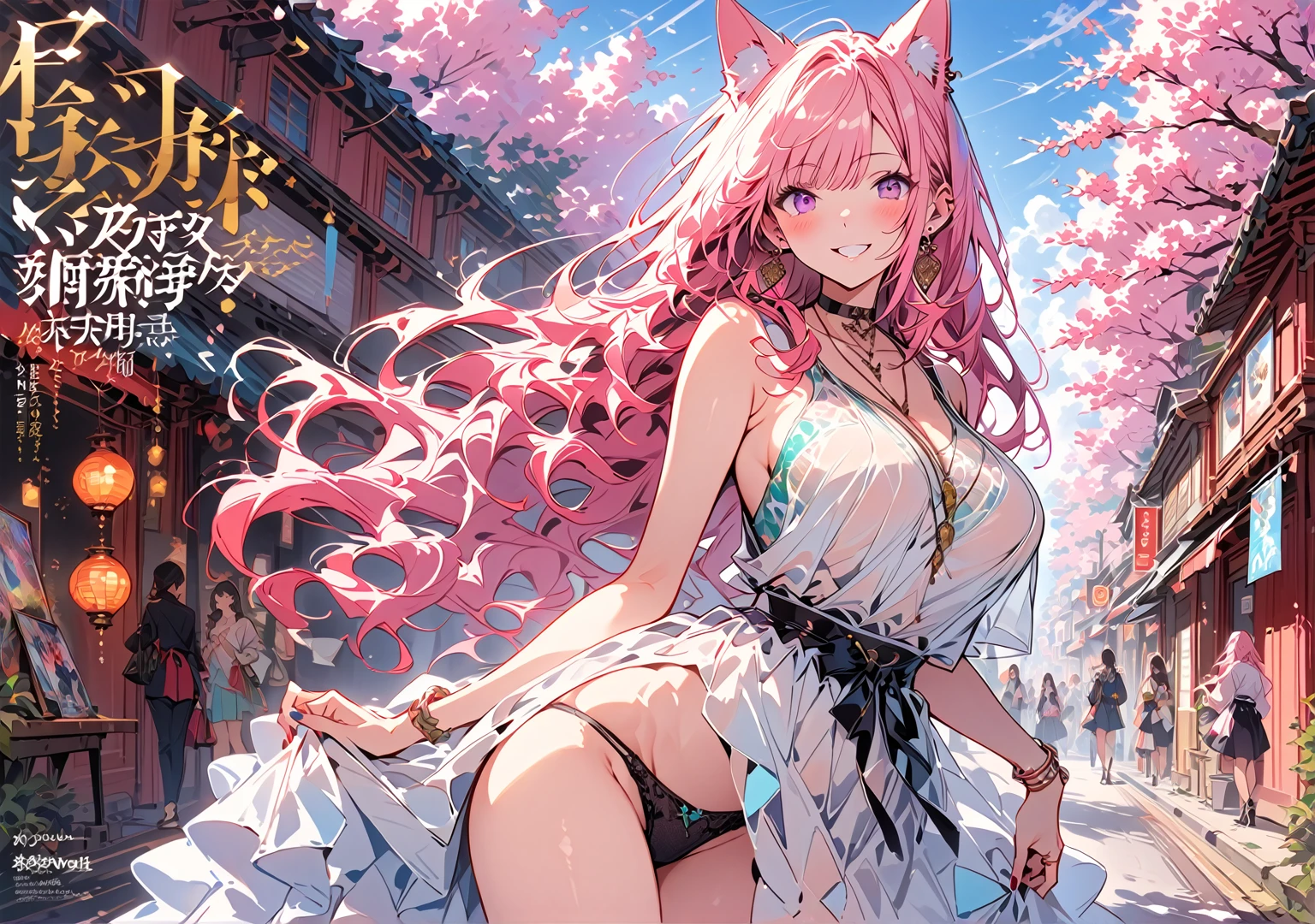 masterpiece, Highest quality, whole body, One girl, bangs, black choker, blush, bracelet, chest, choker, clothes The surrounding area waist, clavicle, Cowboy Shot, ear Earrings, Eyebrows visible through hair, Gradient Hair, Grin, fix, jewelry, Kogal, Long Hair, View Viewer, Earrings, Red eyes, ring, , smile, alone, street, null, cherry blossoms, petal,figure, (magazine:1.3), (cover-style:1.3), fashionable, woman, Vibrant, Pause, front, colorful, dynamic, background, element, have confidence, Performance, Holding, statement, accessories, Majestic, Coiled, The surrounding area, touch, scene, article, cover, bold, to attract attention, title, stylish, font, Catchy, Heading, big, impressive, Modern, trend, concentrated, fashion,((masterpiece)), Highest quality, Absurd, Super detailed, Holographic, Cowboy Shot, ダイナミックなPause, Golden Ratio, Very cute girl, mature, Very beautiful, Super beautiful Asian with gorgeous purple eyes, Very beautiful hair, Shiny skin, nice and sexy body, Slim and delicate body, Perfect body, Cute Panties, Fox Headset, Get your picture taken in a cute alien spaceship,naked,Big Breasts,Sexy
