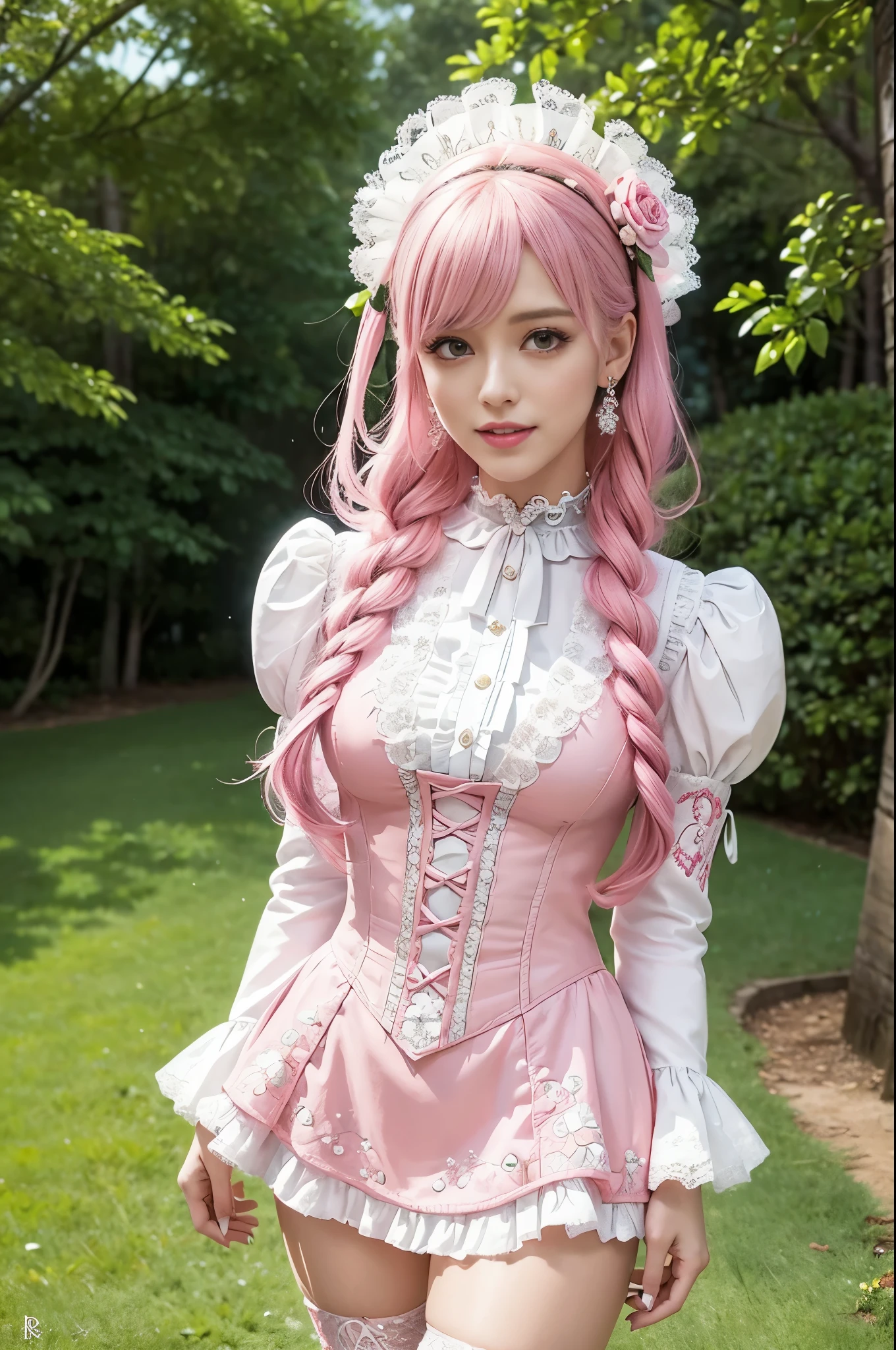 sexy stylish Swedish model, only 1 female, ((doll-like appearance)), long neon pink stylish hair, ((very detailed Victorian-Style boots)), (happy smile), very detailed eyes, professional makeup, lipgloss, long lashes, defined eyebrows, ((sexy Paradise Kiss cosplay)), bell-shaped skirt, petticoats, high neckline, puffed sleeves, ((very detailed lace)), ((very detailed embroidery)), intricate details, Paradise Kiss accessoires and matching headpiece, choker, ((large sparkling Paradise Kiss jewelry)), cinematic light, detailed large park background with trees