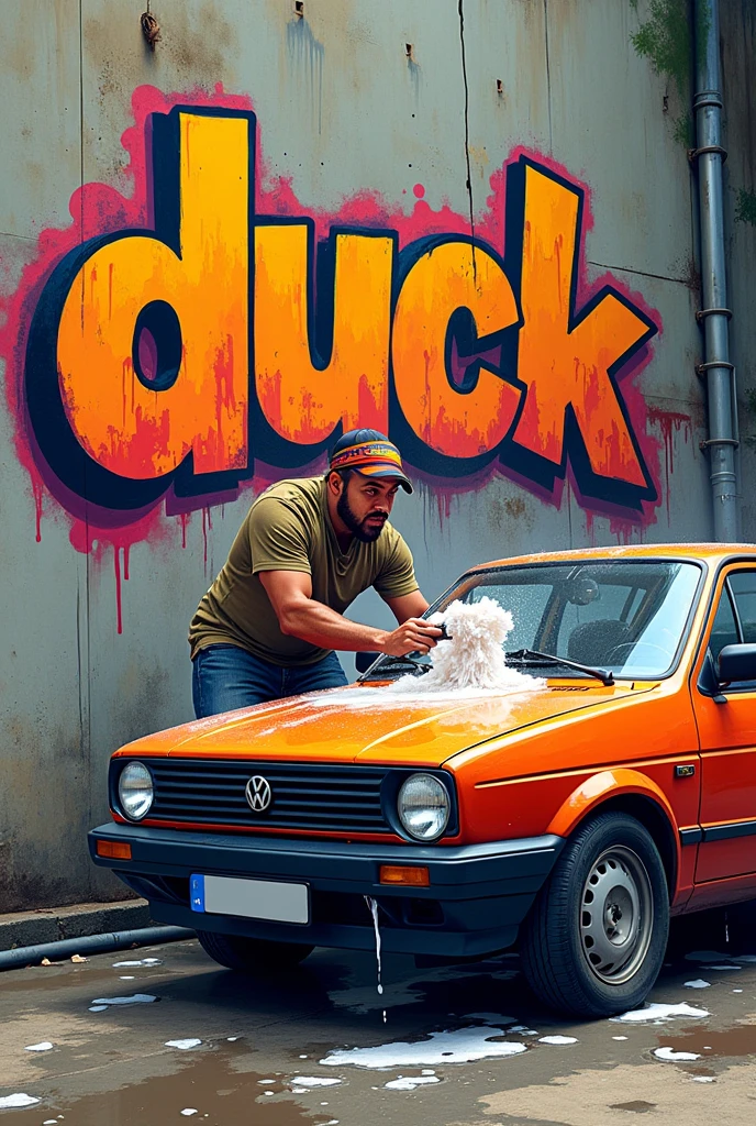 A graffiti style drawing of a man washing a Volkswagen Santana car and on the wall it says: duck