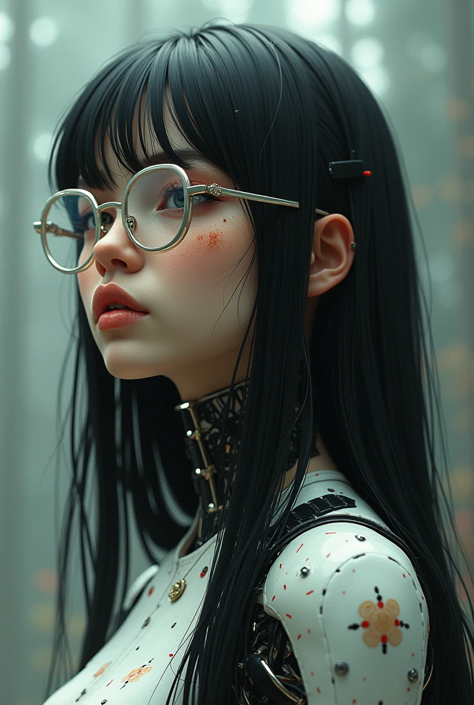 8k, illustration, a young woman with long, straight hair, with spots on her face, Brazilian face, transparent glasses, robotic body, creepy, horror, sharp focus, robotic, surreal, intricate, fantasy