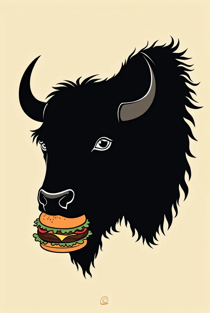 Design the silhouette of a buffalo's face enjoying a hamburger, just the front face