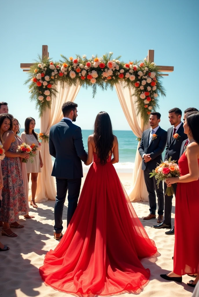 Africa getting married in a red dress on a beach in Cadiz with all her friends behind her, The priest is black and the boyfriend is Yovani Vazquez, Africa is not Korean, She is Spanish
