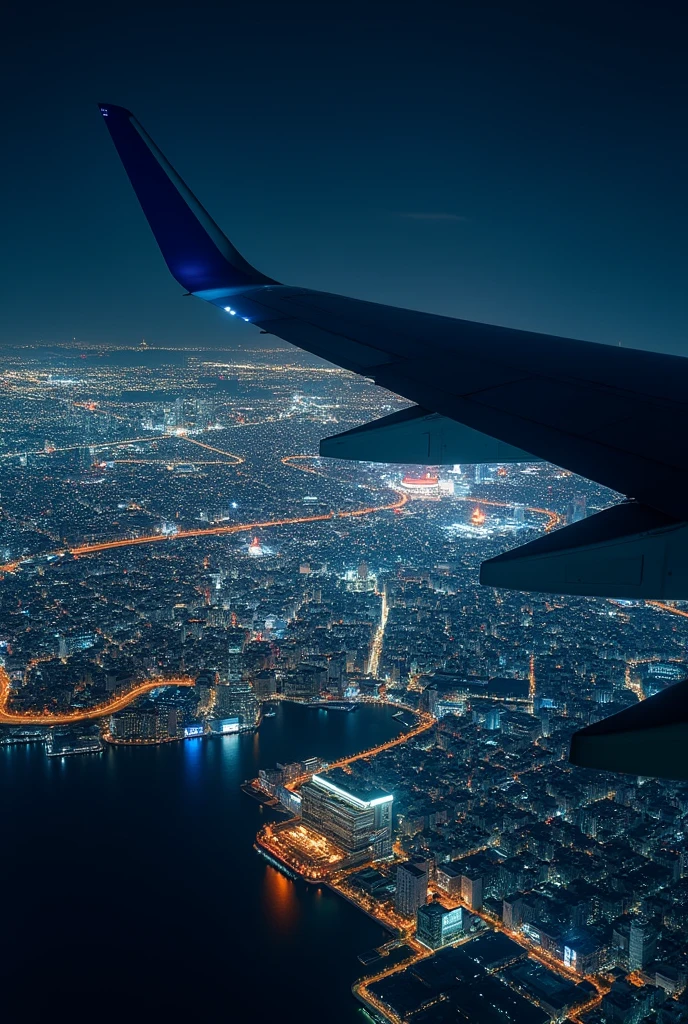 (highest quallity),(work of art:1.2),(very detailled:1.2),ultra-high resolution,RAW color photography,8k,vast landscape photography,Realistic Photos,Elaborated photos,View of airplane wing,Written limit depth,sharp focus,,Tokyo,Haneda Airport,night vision,colors beautiful,Written limit depth,broad light,low-contrast,contra-luz,sharp focus,swirly vibrant colors,Moving configuration