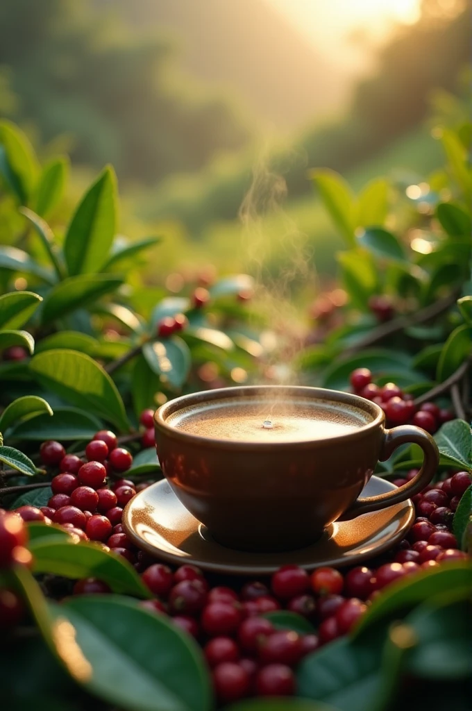 A cup of coffee in the middle of a coffee farm and the plants are green with red coffee beans covered in morning dew