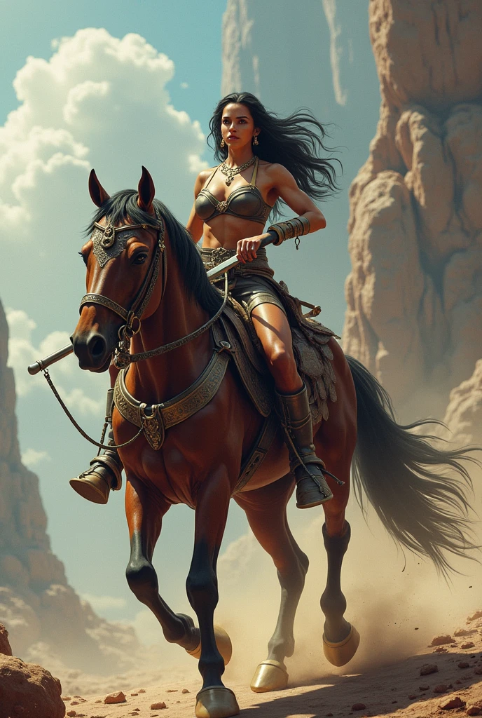 Indian sexy women, nude warrior strong body big breasts , raiding on horse 