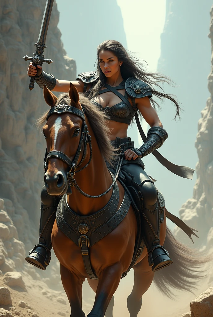 arafed woman riding a horse with a sword in her hand, concept art by Zoltan Boros, trending on Artstation, fantasy art, muscular warrior women, muscular ultraviolent woman, muscular girl, muscular! fantasy, muscled, feminine and muscular, muscular!! sci-fi, muscle, muscular!!, massive muscles, muscular!, bursting with muscles