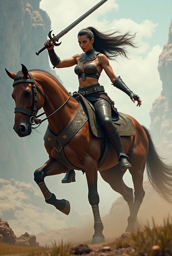 arafed woman riding a horse with a sword in her hand, concept art by Zoltan Boros, trending on Artstation, fantasy art, muscular warrior women, muscular ultraviolent woman, muscular girl, muscular! fantasy, muscled, feminine and muscular, muscular!! sci-fi, muscle, muscular!!, massive muscles, muscular!, bursting with muscles