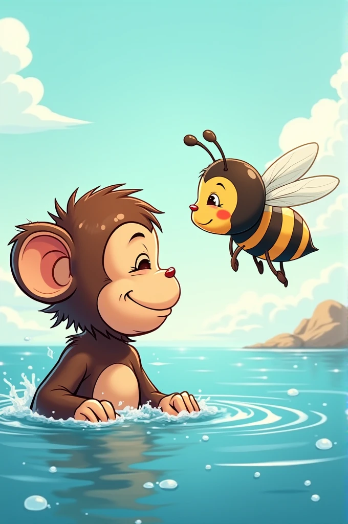 **Prompt :**
Create a comic-style image featuring a cute monkey and an adorable bee enjoying a bath together in the sea. The monkey, with a playful expression, is partially submerged in the water, while the bee hovers just above the surface. They are facing each other, sharing a complex yet joyful gaze, as if they understand something profound but are laughing about it. The scene is set against a bright blue sky, and the overall atmosphere is warm and cheerful, capturing the playful interaction between these two charming characters.