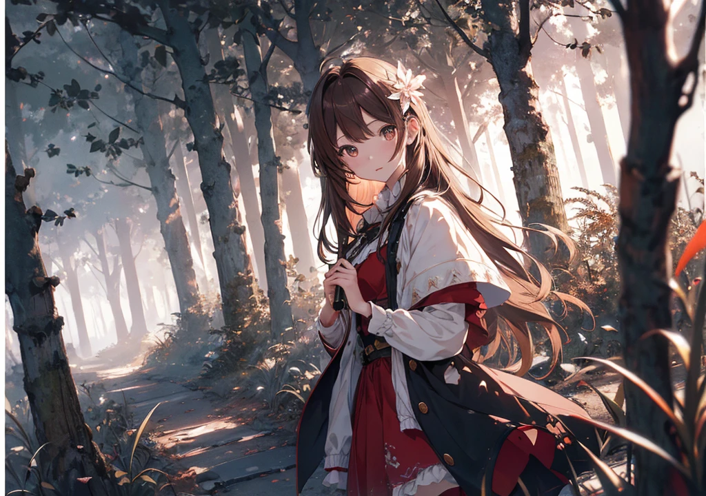 Realistic photos, Focus distance 10mm, Red and white, Beautiful girl, Realistic photos, Shooting at focus distance 10mm, masterpiece, 最high quality, high quality, Very detailed CG 8k wallpaper unit, Award-winning photography, Depth of written boundary, High resolution, bloom, chromatic aberration, Realistic, Very detailed, Art Station Trends, CGsociety Trends, Complex, High detail, dramatic, Art on the go, volumetric lighting, A brown-haired Disney princess-esque girl is walking through an old forest on Halloween night, holding a magic mirror. A mysterious fog and ghosts appear in the background