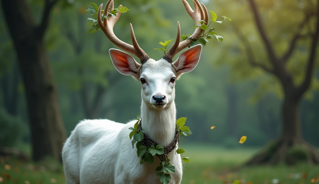 a white buck with small horns adorned with large leaves and vines in a enchanted forest background 32K UHD 