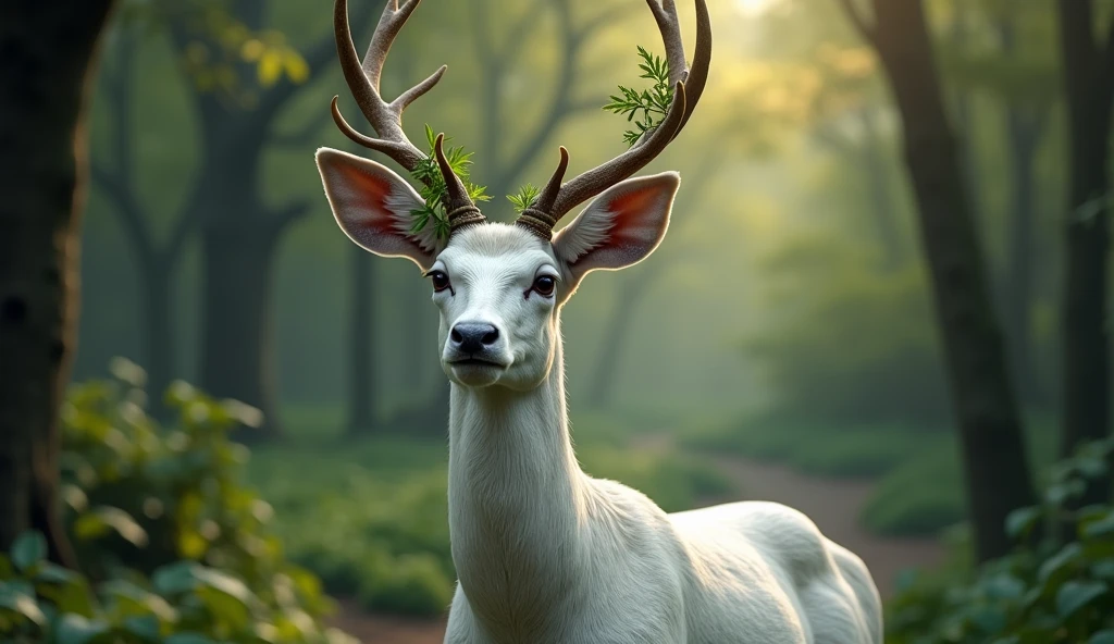 a white buck with small horns adorned with large leaves and vines in a enchanted forest background 32K UHD