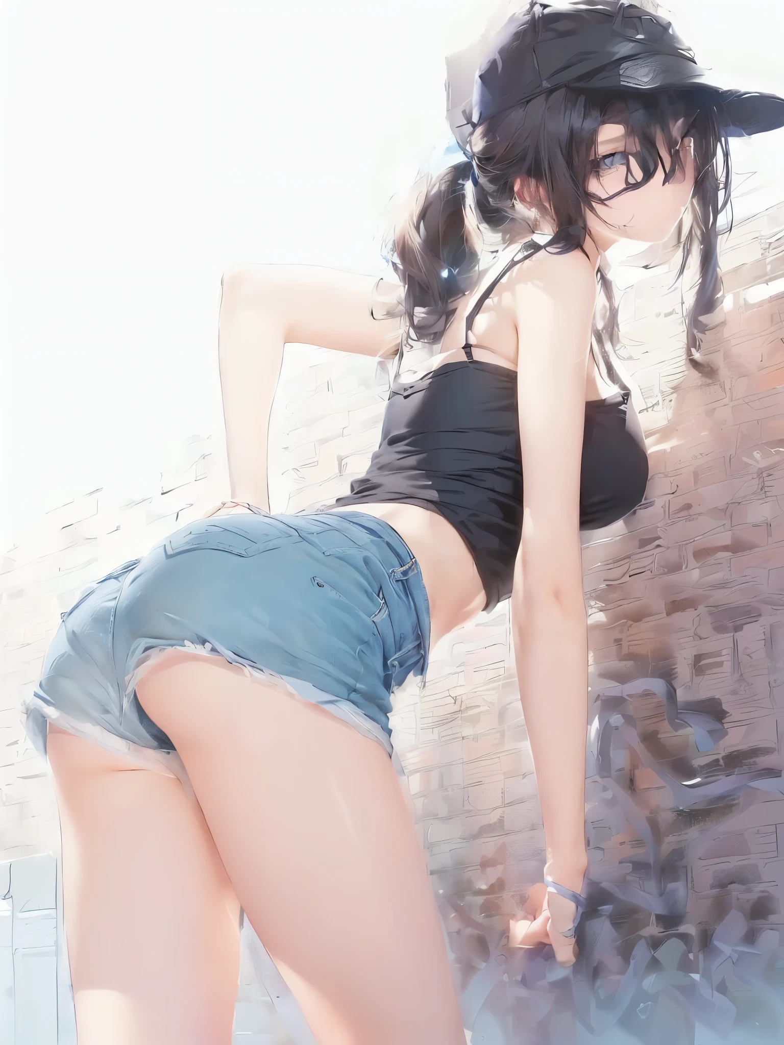  girl in a black top and blue shorts leaning on a brick wall, , the girl is crouching, urban girl fanart, thighs!!!, bending over, thighs!!!!!!,  style, attractive girl, ecchi style,  (realistic) 