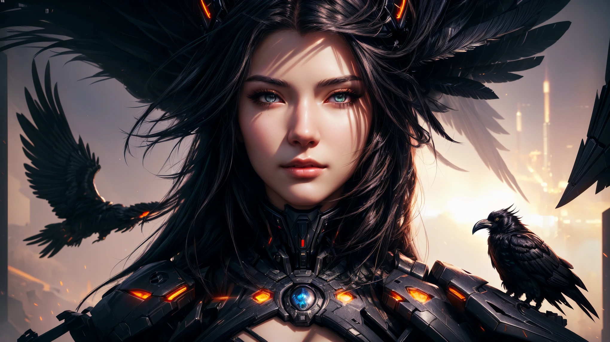 mecha raven style hairs, steel mechanical raven head with hairs, sci-fi, a close up of a sexy woman - sci-FI with a sci fiorer on her face, Mechanical raven IN HAIRS, glowing light feathers in hairs, fiol glowing eyes, hd , cinematic, cinematic light, dinamic, rossdraws portrait, fantasy concept art portrait, wojtek fus, rossdraws 2. 0, rossdraws 1. 0, rossdraws digital painting, epic fantasy digital art style, cgsociety portrait, rossdraws global illumination, :: rossdraws, alexandra fomina artstation