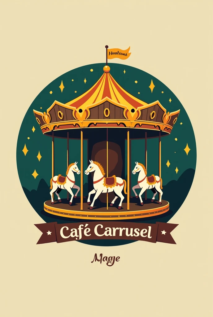 “Create an logo for a board game-themed coffee shop called &#39;Café Carrusel&#39;, Use dark green colors (#2E865F) wood (#964B00) and yellow (#F7DC6F) for accents and text. The typography must be modern and legible open sans