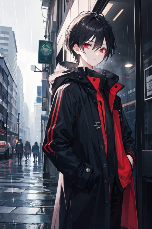 masterpiece, Highest quality, 1 boy, City of night, rain, coat, Detailed face, Detailed eyes, Beautiful Eyes,Red eyes、 View your viewers, Put your hands in your pockets,Black Hair、