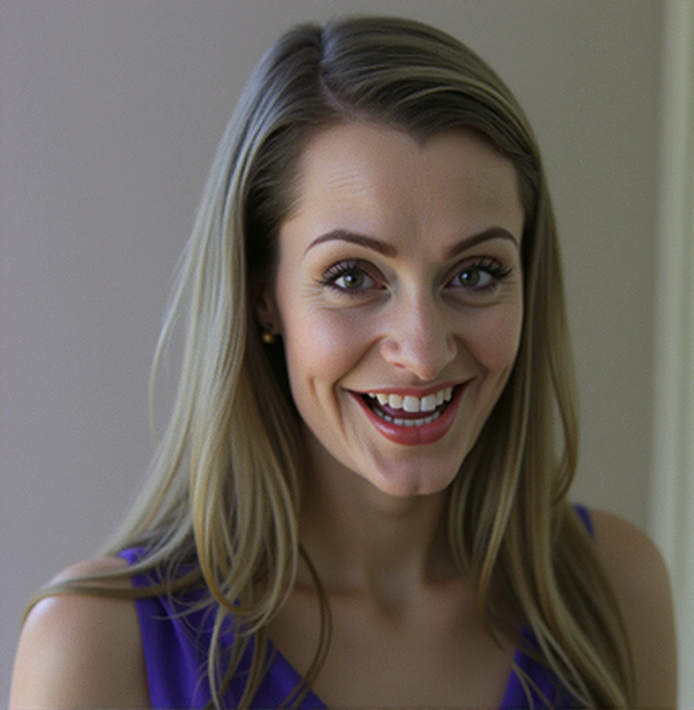 a detailed beautiful sexy evil woman, long blonde hair, eyebrows raised seductively, perfect teeth, big teeth, wearing a blue dress, mouth opened as wide as possible, happily laughing, cinematic lighting, hyper realistic, 8k hd resolution, highly detailed, photorealistic, masterpiece, cartoonishly big round eyes