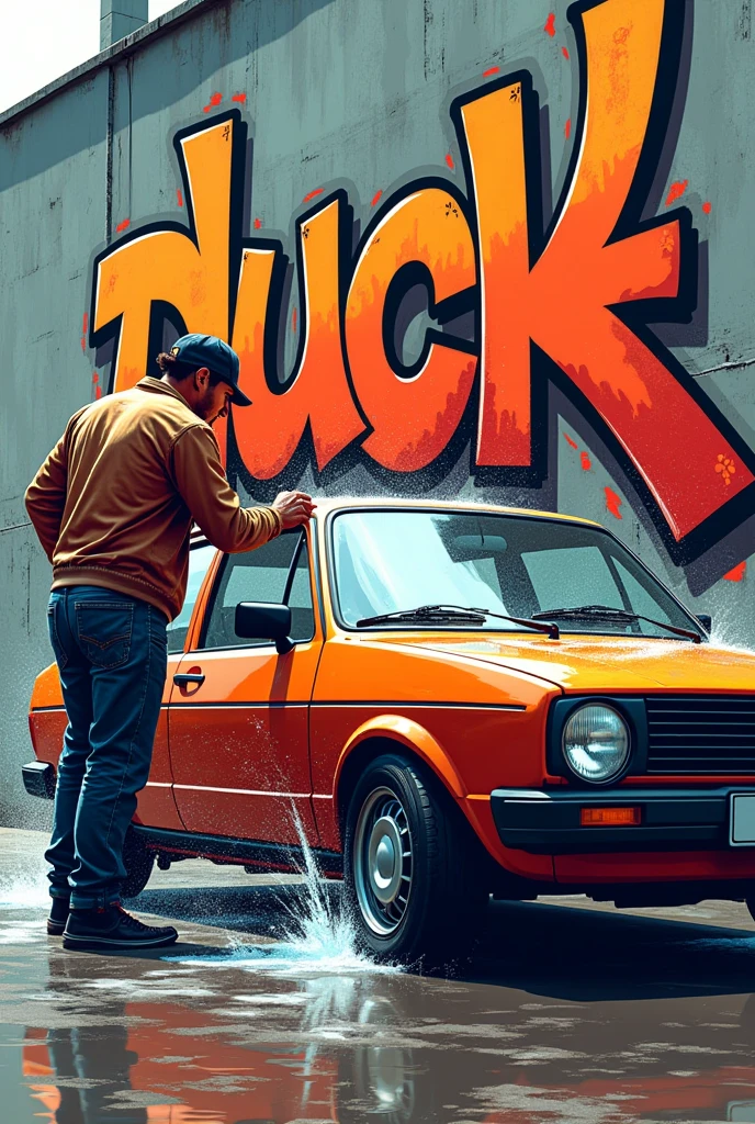 A graffiti style drawing of a man washing a Volkswagen Santana car and on the wall it says: duck