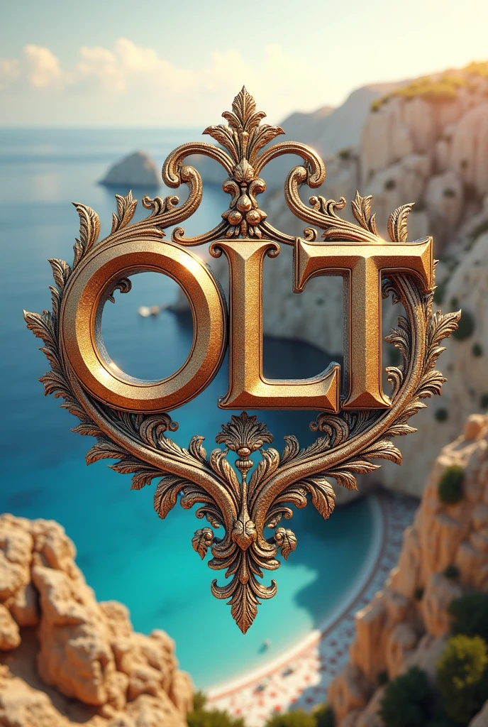 logo of a tourism company, using the letters OLT merging, detailed and elegant, trips, posh, luxury, background in stunning greece, rustic